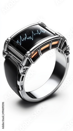 Futuristic smart ring displaying biometric data, combining technology with elegance for modern lifestyle.