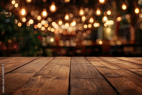 Wooden table with blurred background. This image is ideal for showcasing products or creating a cozy and inviting atmosphere.