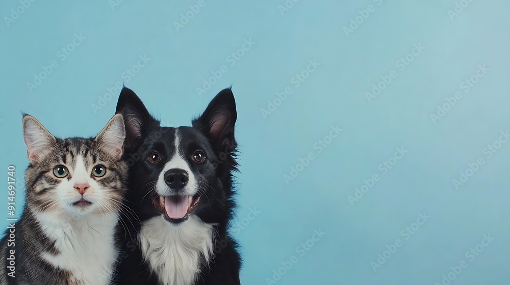 Grey striped tabby cat and a border collie dog with happy expression together on blue background banner framed looking at the camera : Generative AI