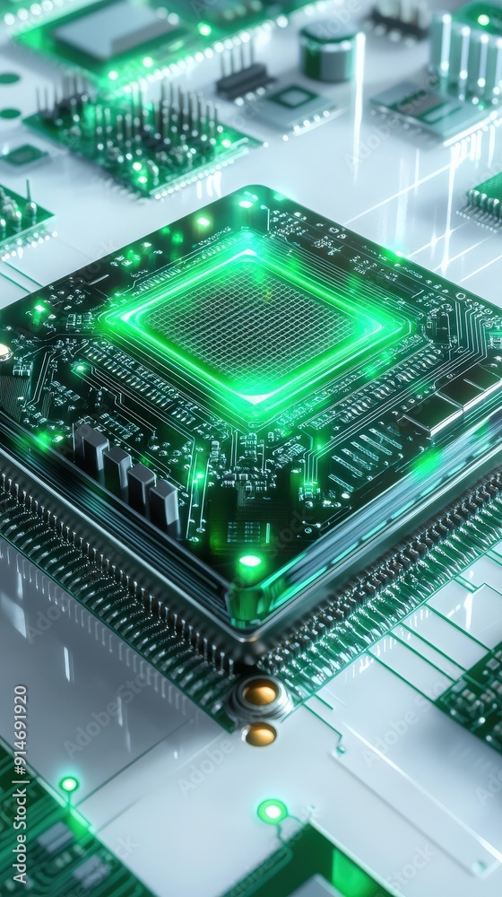 Fototapeta premium High-tech digital circuit with a glowing green microchip at the center, representing advanced technology and innovation.