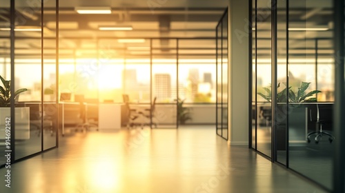 Beautiful blurred background of a light modern office interior with panoramic windows and beautiful lighting : Generative AI