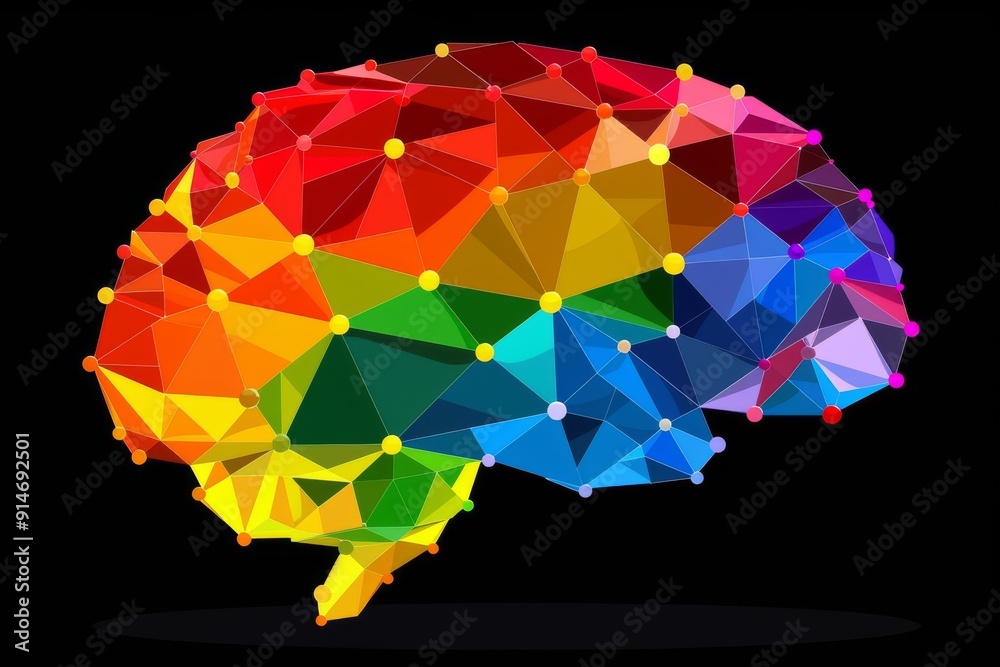 Low poly brain in vibrant colors representing the diverse and dynamic nature of human cognition