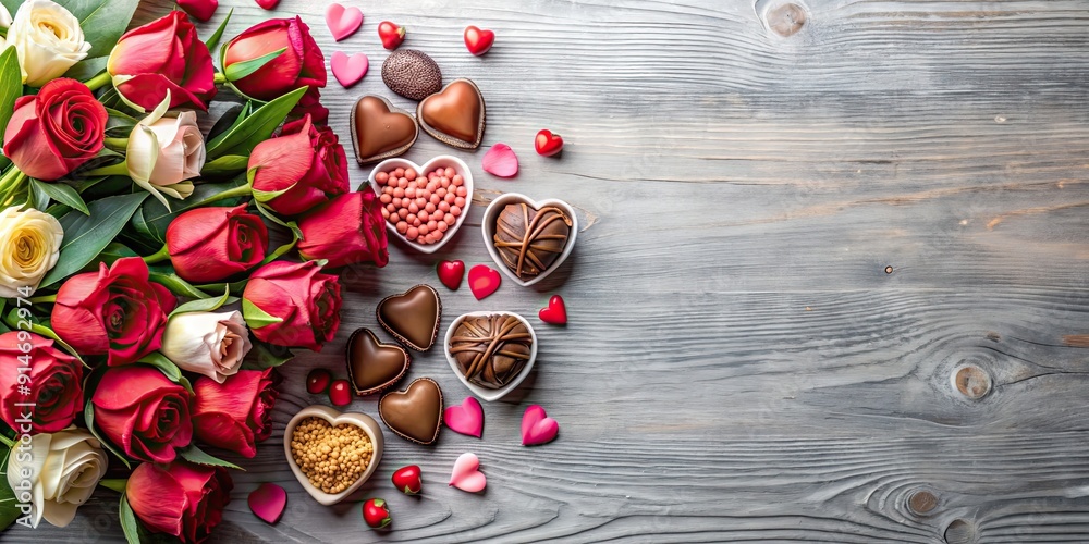 Valentine's Day background with a composition of flowers and chocolates, Valentines Day, love, romance, celebration, gift, heart Valentine's Day background with a composition of flowers and chocolates, Valentines Day, love, romance, celebration, gift, heart