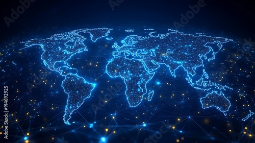 Blue abstract digital map of world map with lines and dots connected. Suitable for travel, navigation, cartography, geography, cyber technology concepts, data transfer and business information network