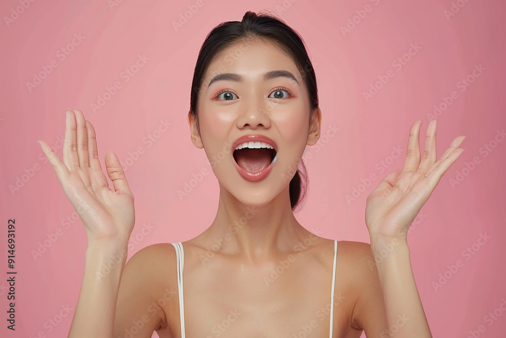 Surprised Woman With Open Mouth and Hands Raised Surprised Woman With Open Mouth and Hands Raised
