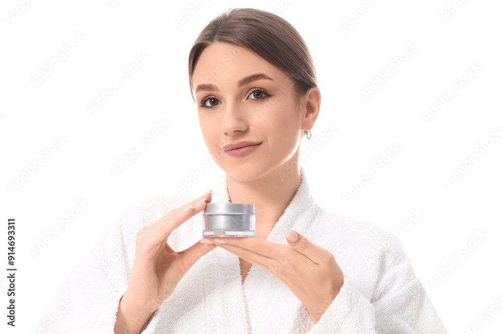 Beautiful young woman with jar of cosmetic cream on white background Beautiful young woman with jar of cosmetic cream on white background