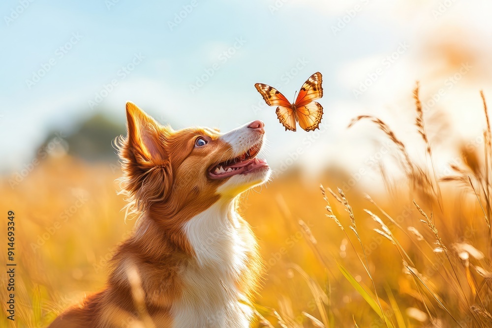 Dog looking up at butterfly. Perfect for websites about pets, nature, or happiness. Dog looking up at butterfly. Perfect for websites about pets, nature, or happiness.