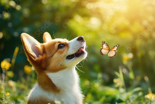 Dog watches a butterfly in a field. Perfect for pet, nature, or summer themes. photo