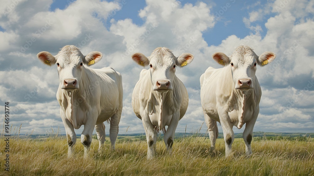 Collection of three white cows (portrait, standing)
Collection of three white cows (portrait, standing)