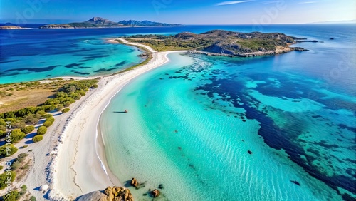 Aerial view of Spaggia La Pelosa beach with crystal clear turquoise water and white sand, Sardinia, Stintino, Italy photo