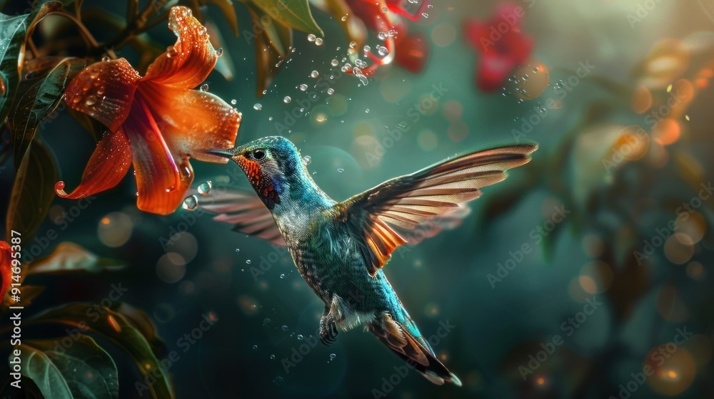 Vibrant Hummingbird Feeding on a Red Flower with Water Droplets