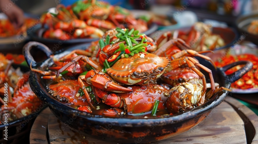 Close-up of Steamed Crabs with Green Onions and Chili Peppers Close-up of Steamed Crabs with Green Onions and Chili Peppers