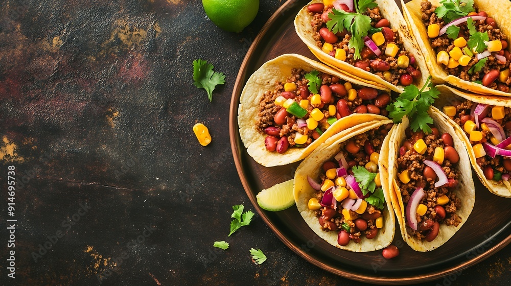 Tacos with ground beef sweet corn red beans tomato salsa sauce and red onion in corn tortillas on plate Mexican cuisine Taco party menu White table background top view : Generative AI Tacos with ground beef sweet corn red beans tomato salsa sauce and red onion in corn tortillas on plate Mexican cuisine Taco party menu White table background top view : Generative AI