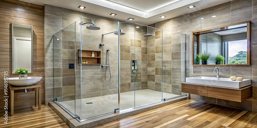 Modern bathroom with glass shower enclosure and rain shower head, bathroom, shower, modern, glass, enclosure, rain shower head