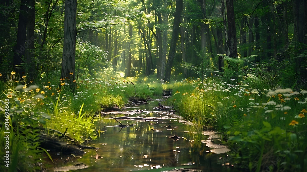 Obraz premium Sunbeams Through a Forest Stream