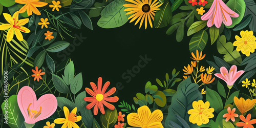 Colorful floral border with green leaves.
