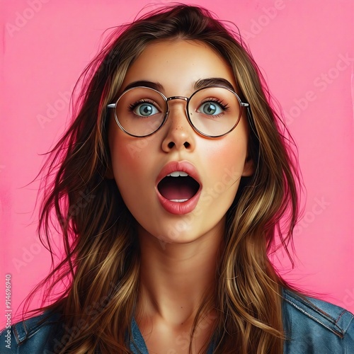 Hermosa mujer sorprendida ve al espectador boquiabierta, usando lentes, fondo rosa. 