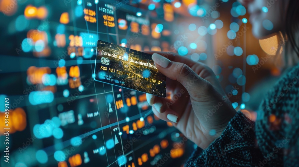 Obraz premium A digital credit card interacting with an online banking interface, connected to a global network