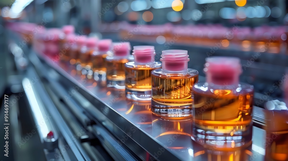 A row of bottles with pink tops are lined up on a conveyor belt
