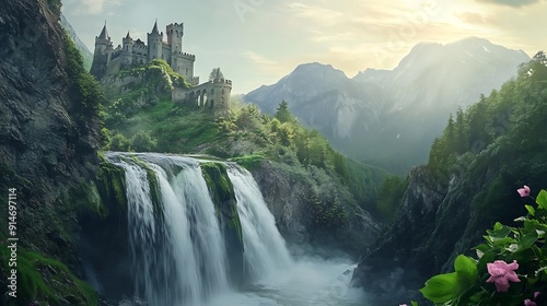 Digital frescoView from the balcony of the mountain waterfalls with castles : Generative AI