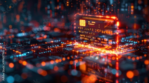 A virtual wallet with a glowing digital credit card, surrounded by data streams representing online payments