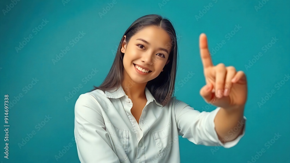 Mujer modelo, elegante, apuntando con un dedo, expresando un deseo. Fondo azul. Rostro expresivo. Mujer modelo, elegante, apuntando con un dedo, expresando un deseo. Fondo azul. Rostro expresivo.