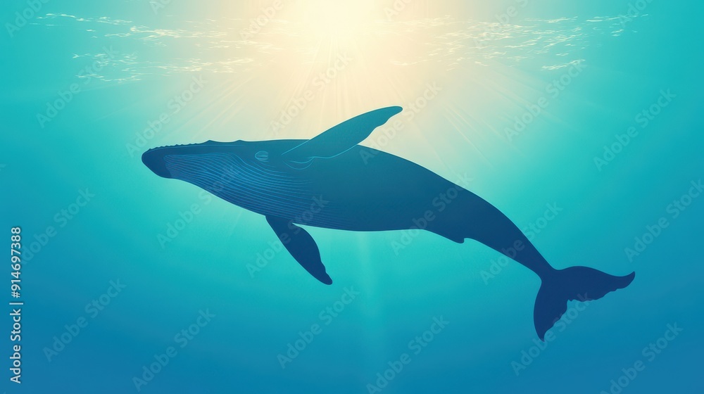 Obraz premium A majestic whale swimming gracefully in the serene depths of the ocean, illuminated by sunlight filtering through the water.