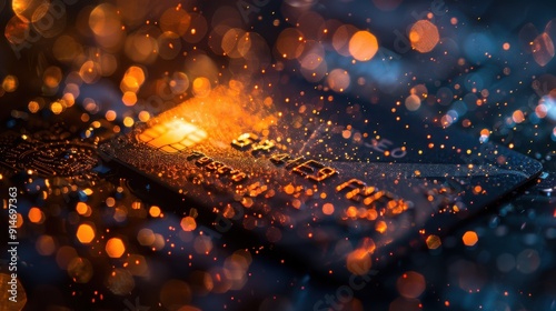 A glowing digital credit card being used for an online transaction, with data streams flowing globally