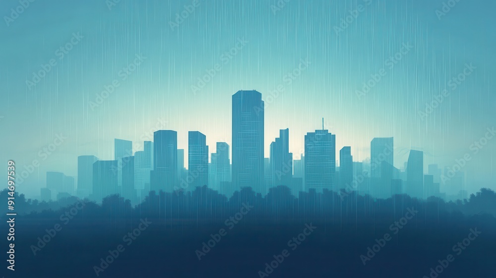 custom made wallpaper toronto digitalA misty skyline at dusk, showcasing silhouettes of urban buildings against a blue gradient sky, creating a serene cityscape.