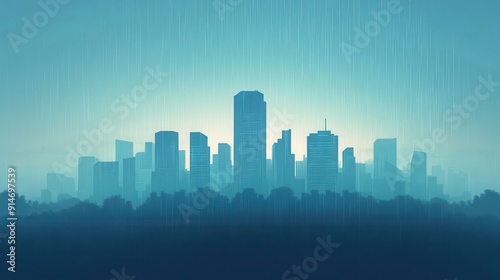 Wallpaper Mural A misty skyline at dusk, showcasing silhouettes of urban buildings against a blue gradient sky, creating a serene cityscape. Torontodigital.ca