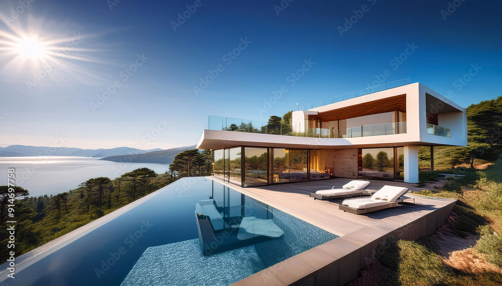 Fototapeta premium Luxurious cliffside villa with infinity pool overlooking a serene ocean
