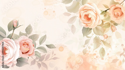 Delicate Pink Roses and Green Leaves with Watercolor Splashes.
