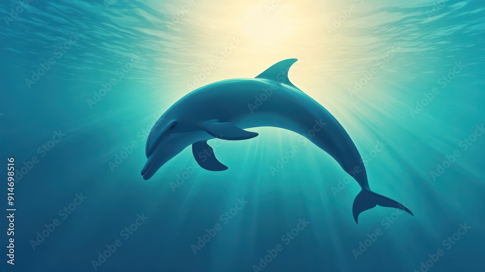 Fototapeta premium A underwater scene featuring a graceful dolphin swimming beneath sunlit waters, capturing the beauty of marine life.