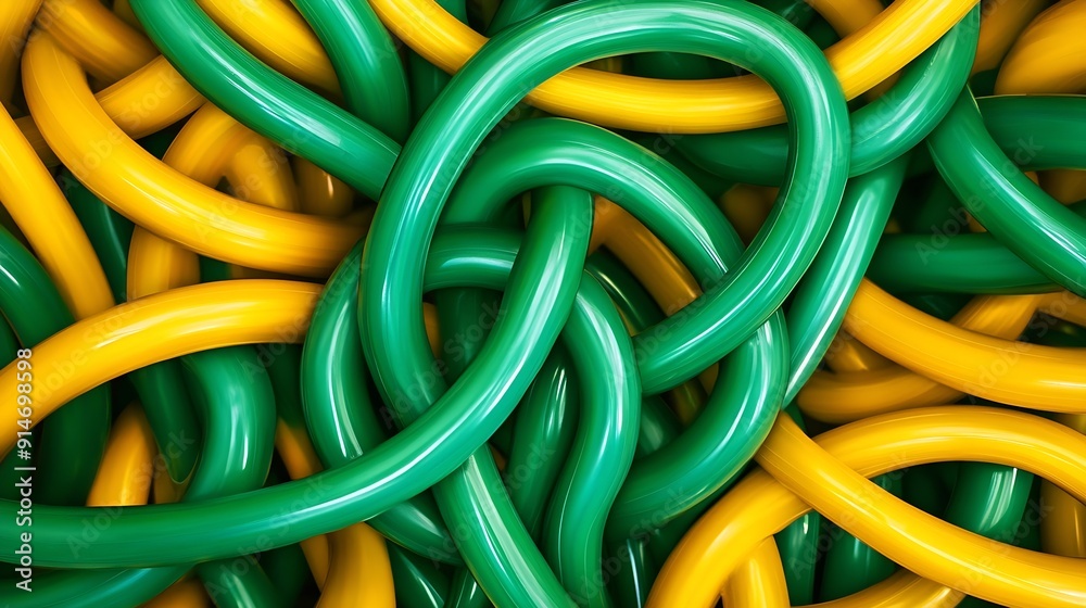 Colorful tightly coiled green and yellow plastic cables in symmetry : Generative AI Colorful tightly coiled green and yellow plastic cables in symmetry : Generative AI