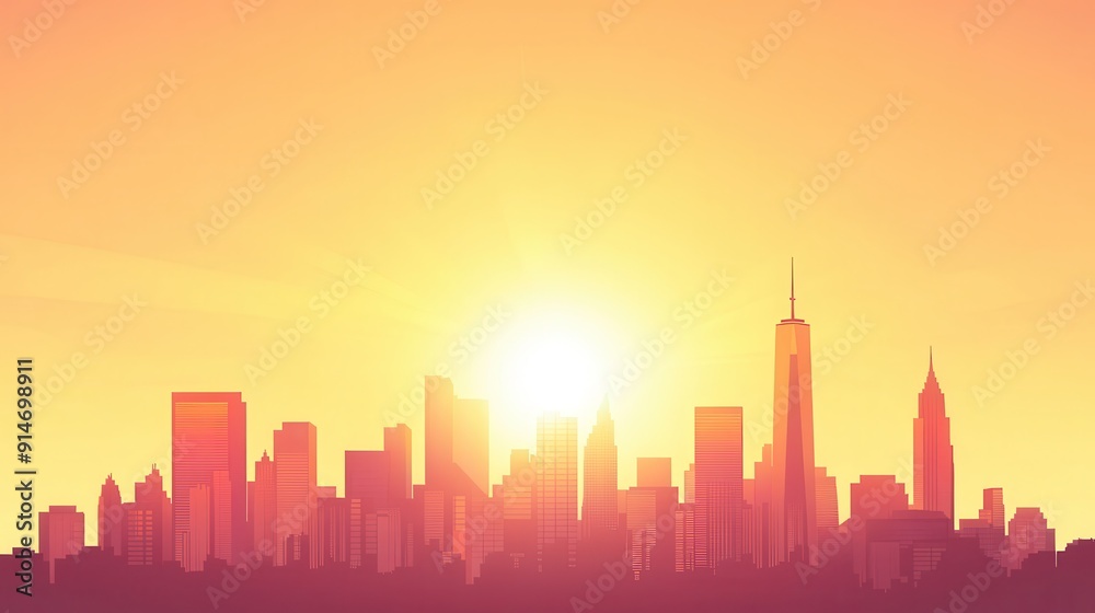 A stunning sunset view of a city skyline, bathed in warm orange and yellow hues, creating a serene atmospheric sensation. A stunning sunset view of a city skyline, bathed in warm orange and yellow hues, creating a serene atmospheric sensation.