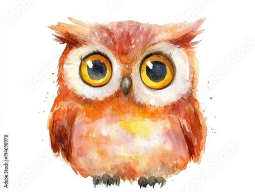 Charming watercolor painting of a cute cheerful owl character in Halloween themed icon or symbol design isolated on a clean white background  Ideal for autumn October or spooky season themed projects photo