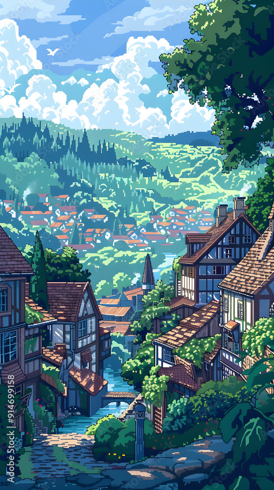 Obraz premium Charming Pixel Art Village with Colorful Houses and Rolling Hills Under a Bright Blue Sky