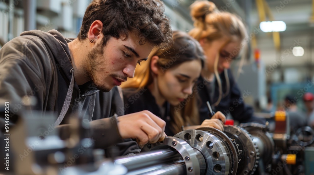 A focused students using a lathe machine under supervision, shaping metal components for their project in a technical workshop A focused students using a lathe machine under supervision, shaping metal components for their project in a technical workshop