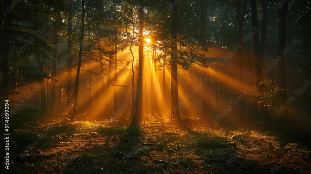 The sun is shining through the trees, casting a warm glow on the forest floor The sun is shining through the trees, casting a warm glow on the forest floor