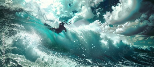 Kitesurfer Riding Giant Wave