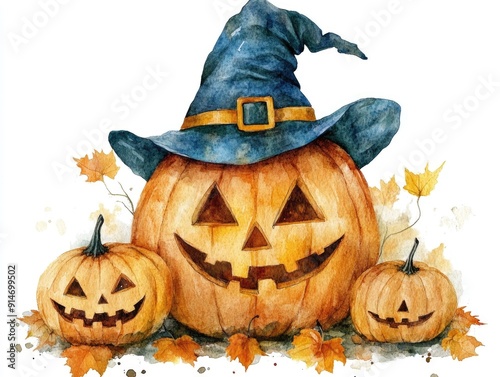 Cute and Cheerful Watercolor of a Pumpkin Character Wearing a Hat Isolated on a White Background Perfect for Halloween Decor Greeting Cards and Festive Designs