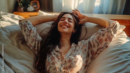 Smiling  young woman stretching in bed waking up in cozy bedroom with bohemian interior style Female wearing in comfort pajamas enjoying early morning : Generative AI