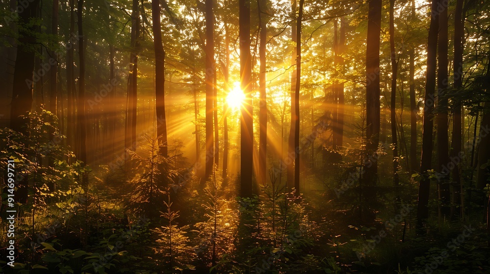 Sunbeams Piercing Through a Misty Forest Sunbeams Piercing Through a Misty Forest
