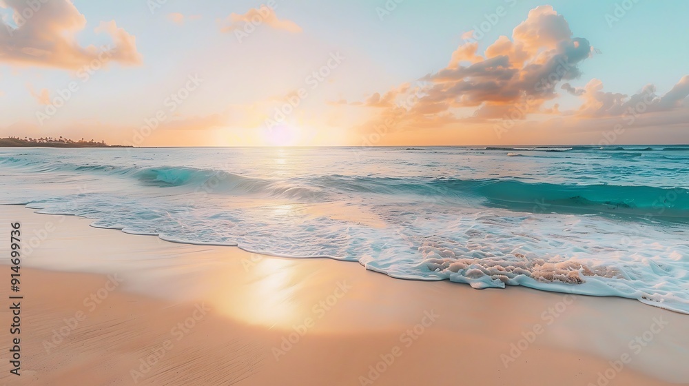 Serene Sunset Beachscape with Foamy Waves Serene Sunset Beachscape with Foamy Waves