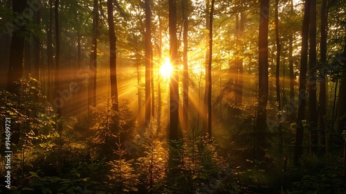 Sunbeams Piercing Through a Misty Forest