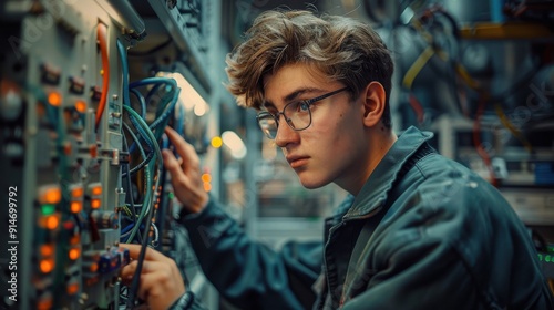 An apprentice studying at a vocational school consults a comprehensive textbook on electrical theory and systems.