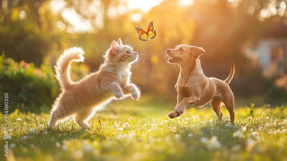 A playful kitten and dog chase a butterfly. This photo is perfect for websites, social media, or print materials promoting pet care, animal welfare, or the joys of pet ownership. A playful kitten and dog chase a butterfly. This photo is perfect for websites, social media, or print materials promoting pet care, animal welfare, or the joys of pet ownership.