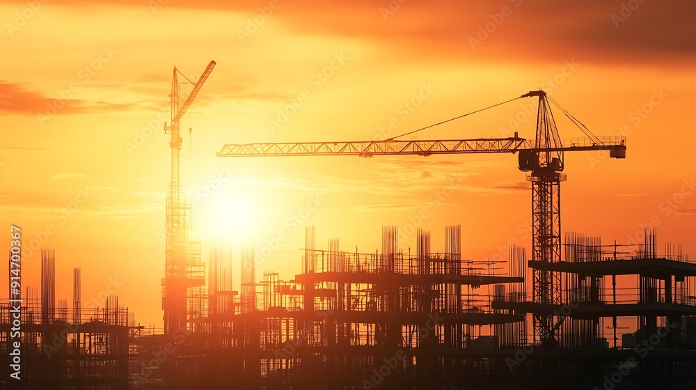 New construction site with crane and mechanical equipments on sunset daylight background construction industry : Generative AI New construction site with crane and mechanical equipments on sunset daylight background construction industry : Generative AI