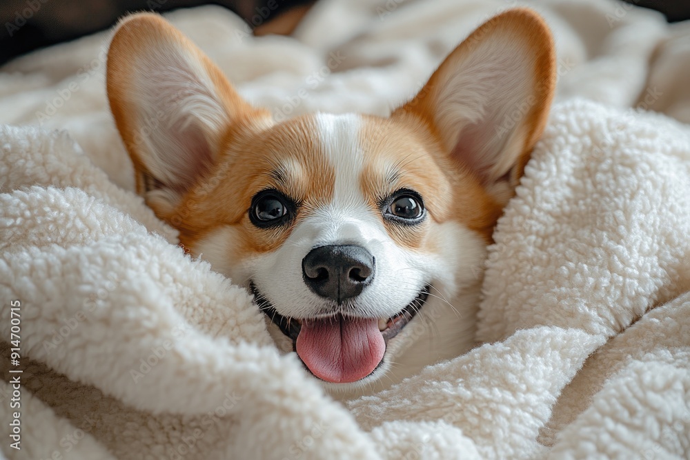 Smiling corgi dog under a blanket. This picture can be used for websites, social media, or print media for promoting pet products, or sharing content about dogs. Smiling corgi dog under a blanket. This picture can be used for websites, social media, or print media for promoting pet products, or sharing content about dogs.