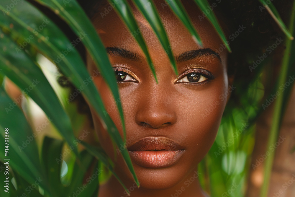 A closeup portrait of a young woman with dark skin, framed by vibrant green leaves, revealing her intense gaze and delicate features. A closeup portrait of a young woman with dark skin, framed by vibrant green leaves, revealing her intense gaze and delicate features.